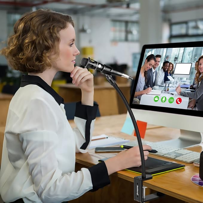 ZealSound Microphone Stand Gooseneck 13”, Flexible Clamp-On Desktop Mic Stand with 360° Adjustable Arm, 3/8" to 5/8" Adapter, Heavy-Duty Desk Mount, for Podcasting, Streaming, Podium & Public Speaking
