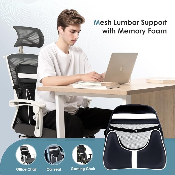 FLORICH Memory Foam Double Layer Breathable Mesh Lumbar Support Ergonomic Leather Lumbar Support Pillow with 3D Mesh Back Support and Adjustable Strap for CarSeat & Office Chair(Black)