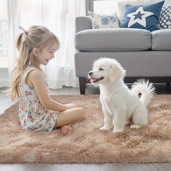 Area Rugs 10x14 Living Room, Shaggy Carpet Soft Plush Furry Bedside Rug Large Area Rugs for Bedroom Home Decor Anti Slip(10 x 14, Dark Beige Tie-Dyed)