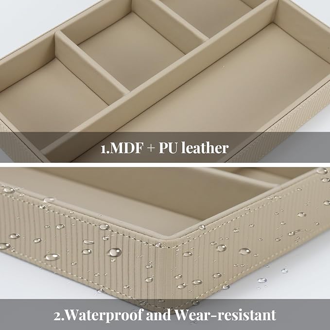 Buqoo PU Leather Desk Organizer Tray, Office Supplies Storage Valet Tray | Beige PU leather desk organizer tray with multiple compartments, keeps office supplies, jewelry and items neat and accessible