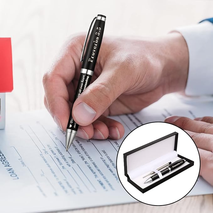 Chinco 2 Pack Christian Gifts Engraved Bible Verse Ballpoint Pens in Matching Gift Case Black Stylish Classic Ballpoint Pens Christian Gifts for Women & Men for Journaling School Office Church