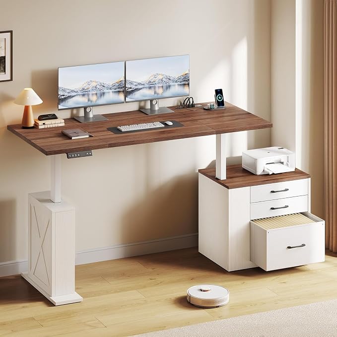 75.5'' Electric Standing Desk with Drawers, Farmhouse Height Adjustable Corner Desk, Sit Stand Office Desk with 4 AC Outlets & Type C Port, Executive Computer Desk, Brown & White