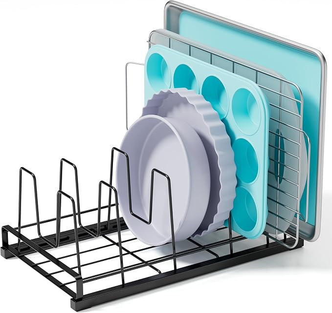 Food Container Lid Organizer Rack with Adjustable 6 Dividers, Black | Full-Metal Pot and Pan Organizer Holder for Home Kitchen Cabinets, Drawers, Countertop, Cupboards, Pantry Shelves Storage