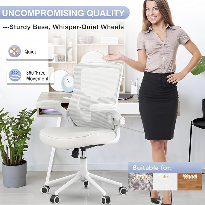Office Chair for Long Hours & Lower Back Pain Relief – 4" Thick Molded Foam Cushion, Padded Lumbar Support and Flip-up Armrests, Ideal for Office or Study (Modern, White)