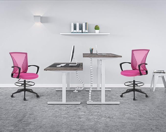 Drafting Chair Tall Office Chair Standing Desk Chair Adjustable Height with Arms Foot Rest Back Support Rolling Swivel Desk Chair Mesh Drafting Stool for Adults