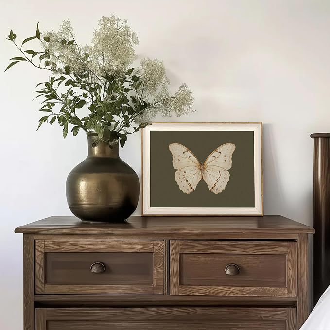 Uniro Vintage Framed Wall Art, Classical Butterfly Oil Paintings, Dark Moody Insect Canvas Prints Artwork with Antique Frame, Saige Green Wall Decor Pictures for Bedroom, Kitchen, Shelf, Bathroom Wall Decor, Cottagecore Room Decor - 12x16Inch