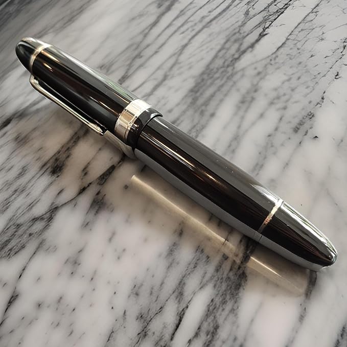Luxury Fountain Pen, Fine Nib (F) Gold Trim Classic Executive Writing Pen,18K Gold Plated Nib, Professional Business Gift with Ink Refill Converter (Black Silver Trim)