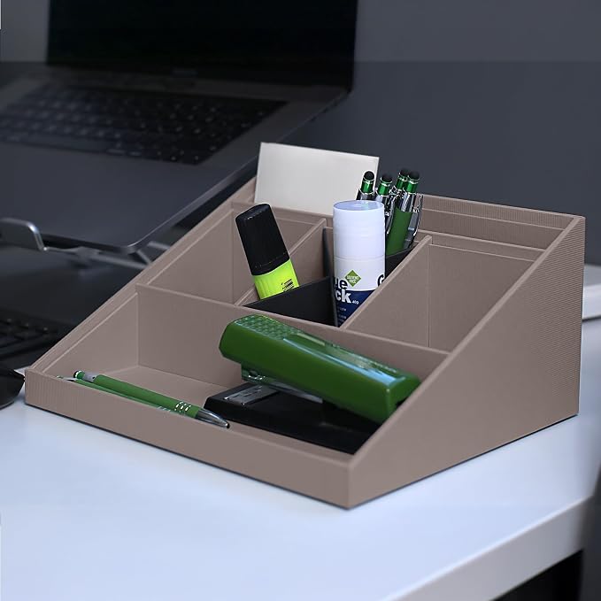 Rössler SOHO desk organiser | Multifunctional desk accessory with 6 compartments | Ideal as an office organiser, pen holder or filing system | Space-saving & hand-glued | Colour: Taupe
