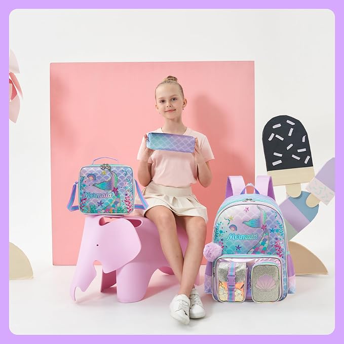 Meetbelify Mermaid Backpack for Girls Backpacks with Lunch Box Pencil Case for Elementary Student Kids School Travel Bag for Girls Ages 6-8 Years Old