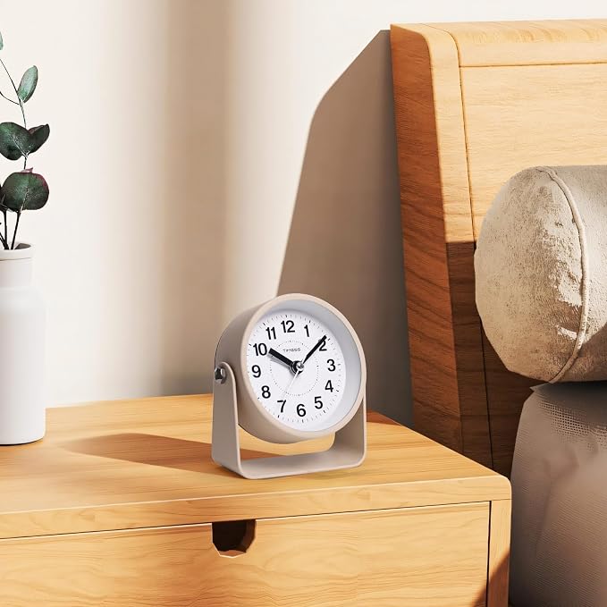 TIMESS Analog Alarm Clock with Snooze & Light, Silent Non-Ticking, Yellow | On-demand light, quartz movement, battery operated, easy to set, gentle wake alarm, bedside clock for home, travel, or office