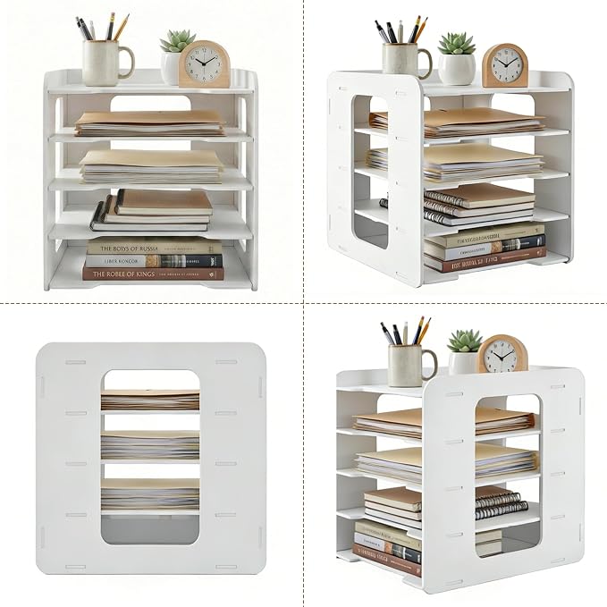 Desk Organizer, 5-Tier File Organizer for Desk, Letter Tray Paper, Desktop Document Sorter for Letter, File Folder Holder with Pen Holder for Office, Home or School- White MLT001W5