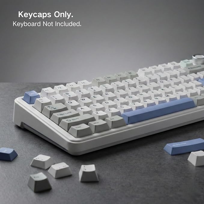 126 Keys PBT Double Shot Keycaps, White Blue Minimalist Keycap Set, Refreshing Clean Style Cherry Profile Keycaps for Mechanical Keyboard 60% 65% 75% 100% Cherry MX Switches