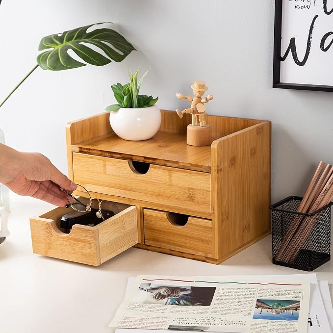 Rustic Bamboo Desk Organizer with Drawers,3-Drawer Desktop Storage Box | 3 Drawers Mini Open Top Shelf Pens, Notes, Makeup, Jewelry & Toiletries for Office, Bath Toiletries Vanity Office Supplies