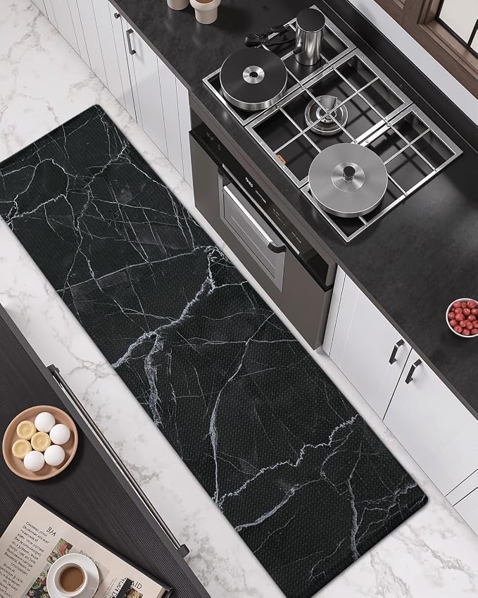 DEXI Kitchen Floor Mats Cushioned Anti Fatigue, 23x107 Black Marble | Runner Rug Wide Standing Comfort, Waterproof Oil-proof, Memory Foam Padded for Front Sink Laundry