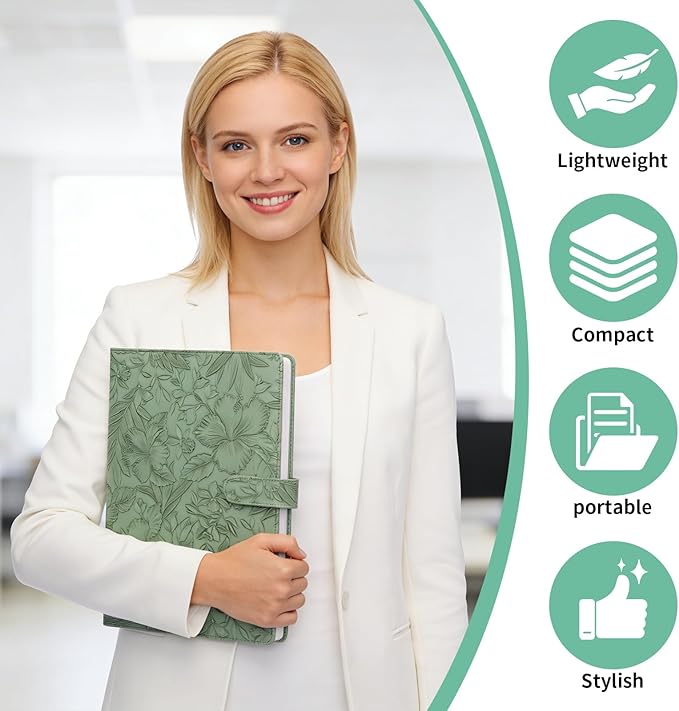 Professional Portfolio Binder, Faux Leather Portfolio Folder Binder, Legal Pad Holder for A4 Letter Size Notepad, Resume, Writing Pad, Ideal Organizer for Business Office Conference, (Green)