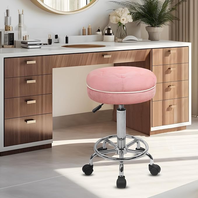 KLASIKA Velet Rolling Bar Stool with Wheels, Tall Drafting Stool with Adjustable Height and Footrest, Multi-Purpose Office Desk Chair for Home Kitchen Shop Work, Pink (4PK)
