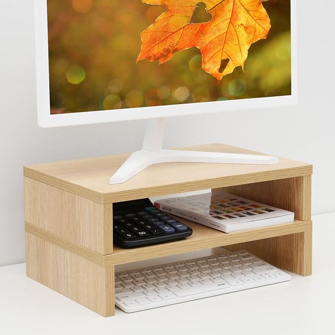 TEAMIX Wood Monitor Stand Riser-2 Packs, Maple | Holds 80Lbs, Stacked/Separate Adjustable Use, 2 Tier Adjustable, Fits laptop, TV, PC. For Home Office, Gaming