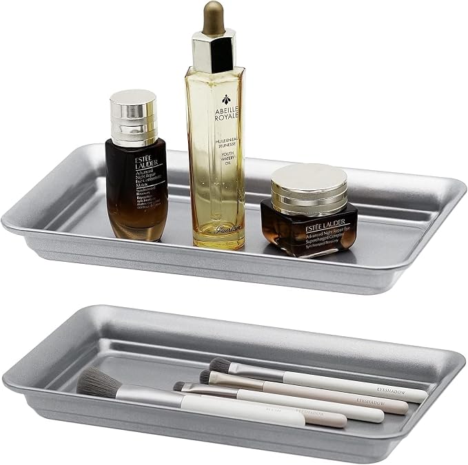 SheeChung Metal Vanity Tray, Bathroom Counter Storage Tray, Grey 2 Pack | Sturdy Decorative Tray Holder, Farmhouse Vintage Decor Accessories for Perfume, Cosmetics, Jewelry, Makeup, Guest Hand Towel