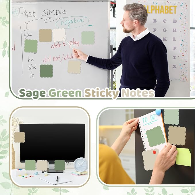 JarThenaAMCS 18 Pack Scalloped Sticky Notes Sage Green Beige Wavy Edge Memo Pads 3 Inch Self-Adhesive Notepads for School Office Home Accessories Party Decor Supplies, 360 Sheets