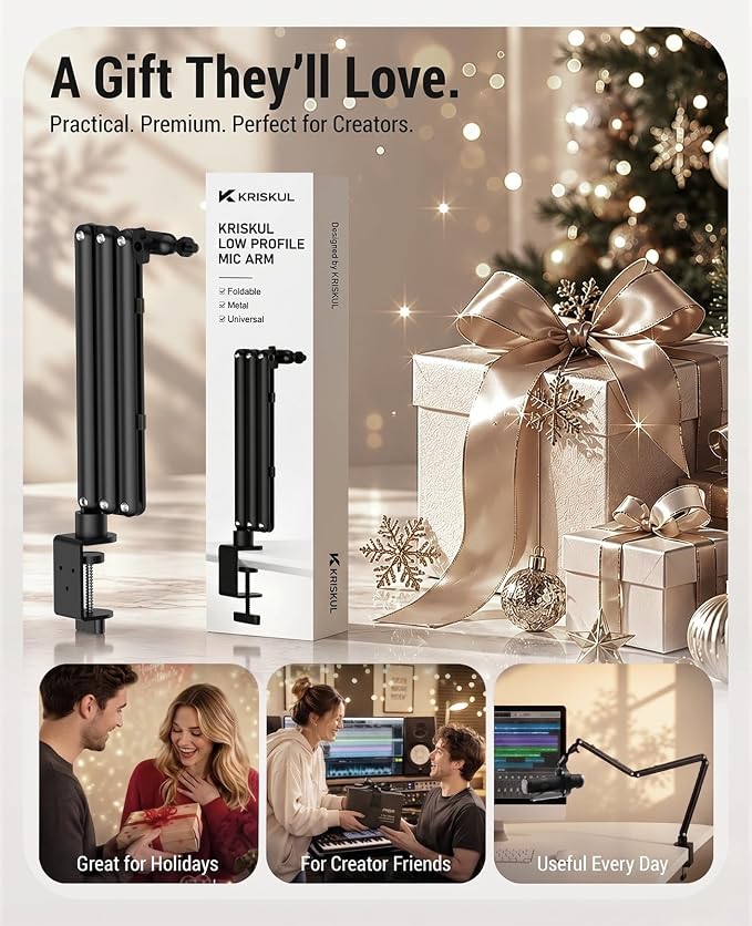 Low Profile Mic Arm for Lightweight Mics, Foldable Boom Arm with Desk Clamp, Mic Clip & 1/4" 3/8" 5/8" Adapters, 360° Metal Ball Head for Podcasting, Streaming & Gaming