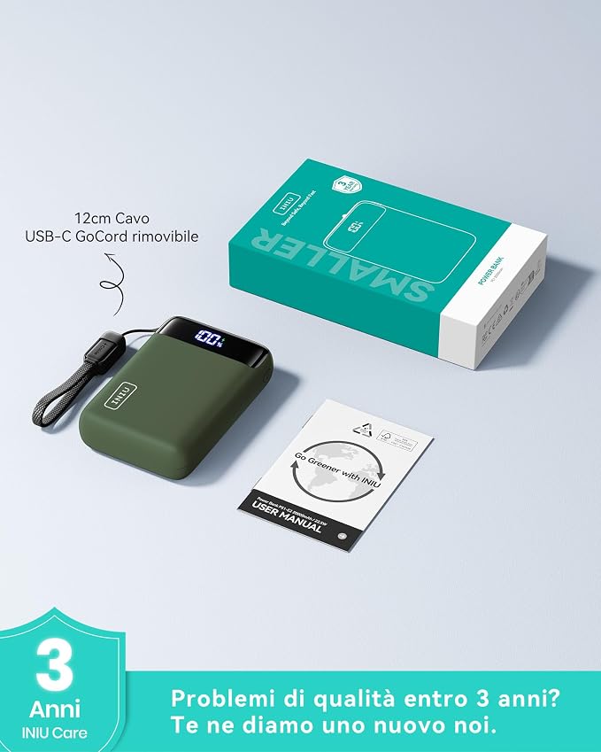 INIU Smallest 20000mAh Power Bank, 22.5W PD Fast Charging Portable Charger with USB-C Cable, Flight-Safe Battery Pack for Travel & Outdoor Camping & Emergency, Mini Size for iPhone Samsung iPad, Green