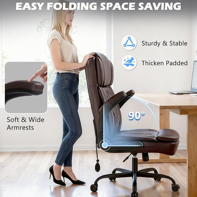 450LBS Big and Tall Executive Office Chair with Flip up Arm,Heavy Duty PU Leather Computer Desk Chair,Comfortable High Back Swivel Home Office Chair with Rolling for Adults,Spring Cushion,Metal Base