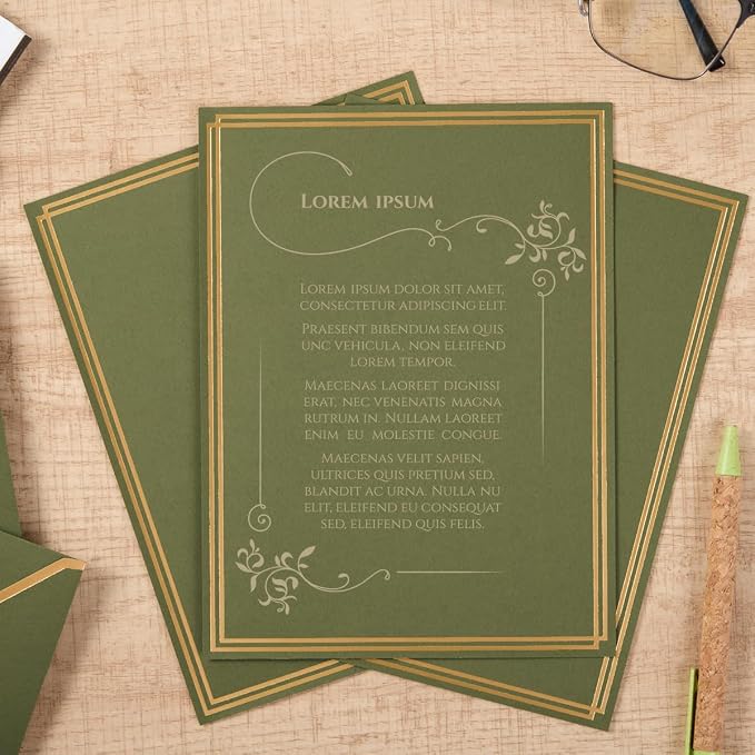 50 Pack Stationery Set with Envelopes, Olive Green, 6x8 Inches | Gold Border, A6 Envelopes 4.75x6.5 inch and 6x8 Paper Sheets, Stickers for Letter Writing, Invitations