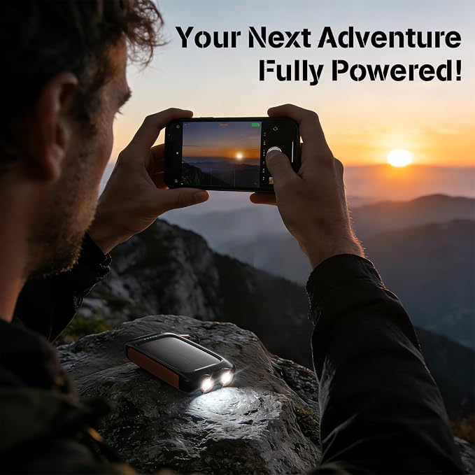 Solar Power Bank 20000mAh, 15W USB-C Fast Charge, Outdoor Travel & Camping