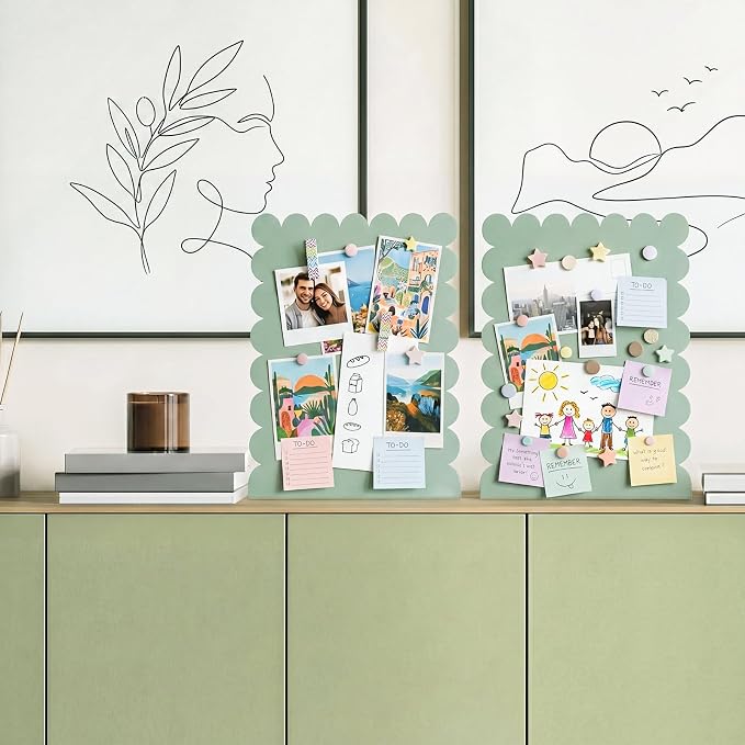 Gueevin 2 Pcs Magnet Board Standing Magnetic Metal Board for Desk and Wall Scalloped Magnetic Display Stand for Memos Photos and Documents Home Office School Desk Storage Decoration(Green,Medium)