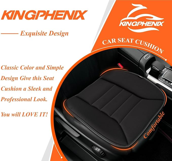 kingphenix Memory Foam Car Seat Cushion for Driver and Office Chair Comfort | 1.2-Inch-Thick Memory Foam Seat Pad, Soft, Breathable Fabric, Non-Slip Silicone Bottom for Long Drives and Office Use, Black