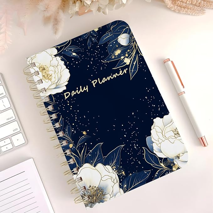 Undated Daily Planner - Spiral Notebook 80 Days One Day Per Page, Hourly Schedule, To-Do List, Notes, Everyday Planning Task, A5 Hardcover Journal Organizer Book Women Cute Aesthetic, Flower