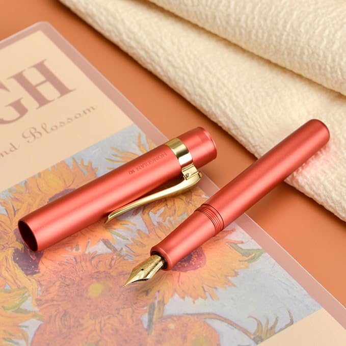 HONG DIAN M2 Mini Fountain Pen with Bent Nib, Sleek Shape Aluminium Short Pocket Travel Pen (Orange Red)