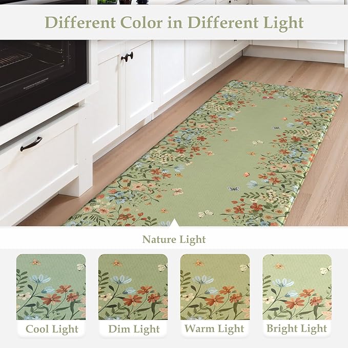 KIMODE Anti Fatigue Kitchen Mat for Floor, 17"x47"+17"x29" Butterfly Flower Kitchen Rugs Non Skid, Cushioned Padded Kitchen Floor Mat, Comfort Standing Mat for Laundry Office Sink Desk Sage Green