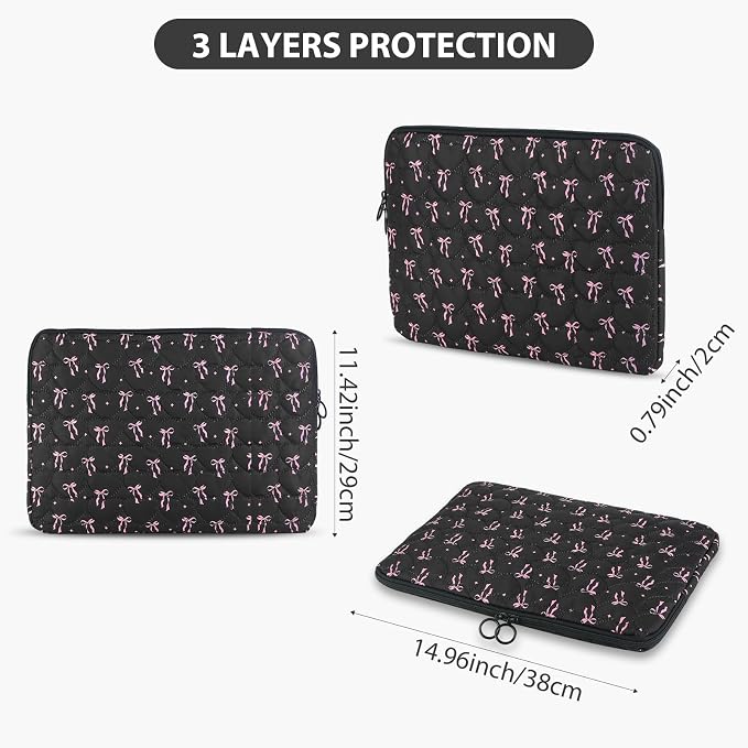 Cute Bow Puffy Laptop Sleeve 13-15 Inch Cute Quilted Laptop Protective Case Padded Bow Computer Sleeve for MacBook