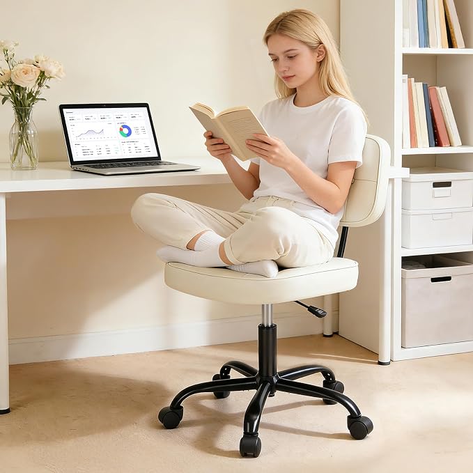 DUMOS Armless Office Desk Chair, Small Vanity Chair with Lumbar Support | PU Leather, 360° Rolling Swivel, Height Adjustable, Fit Computer Task, Bedroom Living Room, Beige