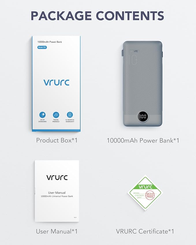 VRURC Portable Charger Built-in Cables and AC Wall Plug, USB C Power Bank 10000mAh, Travel Battery Portable Phone Charger Compact Lightweight External Battery Pack for Smart Phones, Tablets etc-Grey