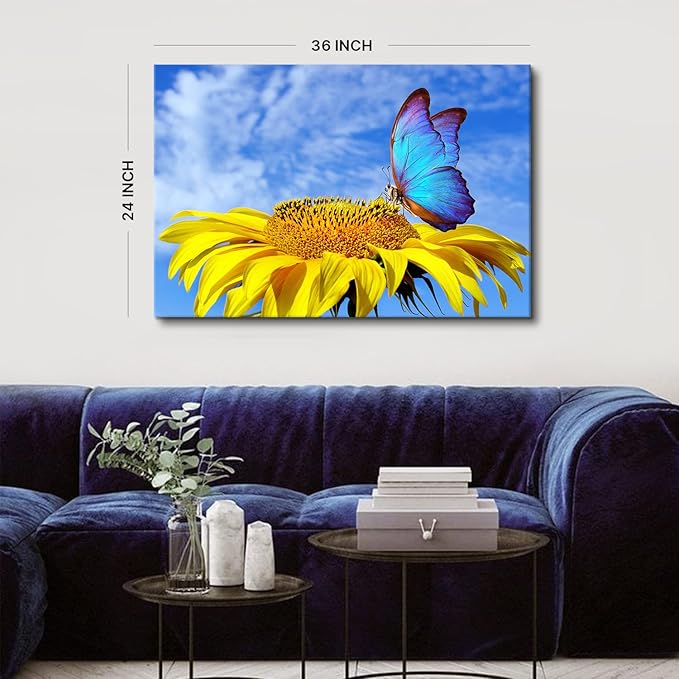 Sunflower Wall Art Bathroom Decor Blue Butterfly Canvas Pictures for Bedroom Sunflower Wall Decor Floral Posters Living Room Kitchen Home Decoration Yellow Sunshine Flower Painting Modern Artwork 24x36"