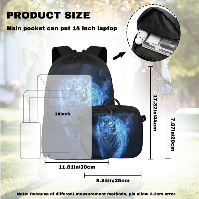 Doojoayie Tiger Backpack with Matching Lunch Box for Boys Fashion Lightweight Bookbag Boy Backpacks Ages 8-10 with Top Handles for Back to School