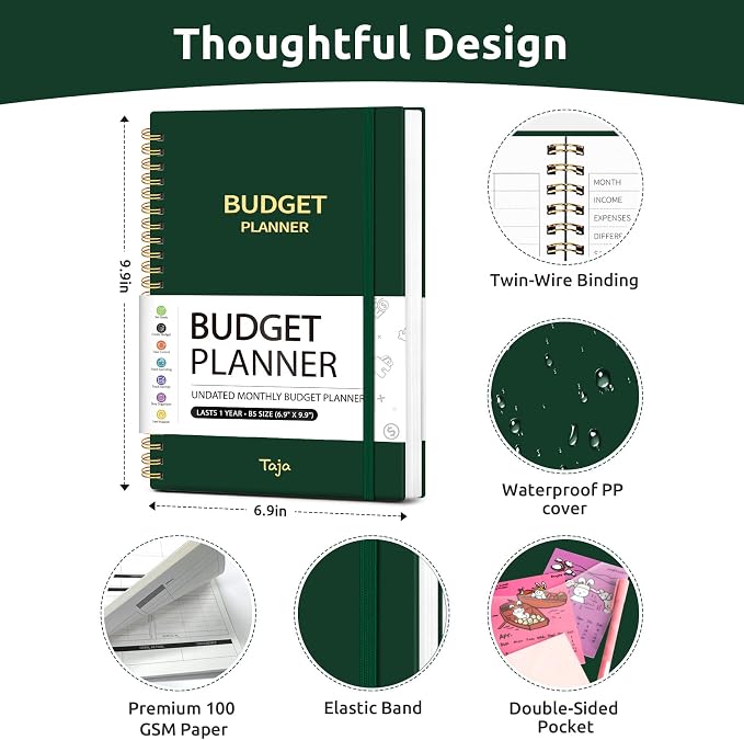 Budget Planner - Monthly Budget Book with Expense Tracker Notebook, Undated Bill Organizer & Finance Planner to Take Control of Your Money, Account Book to Manage Your Finances-Dark Green