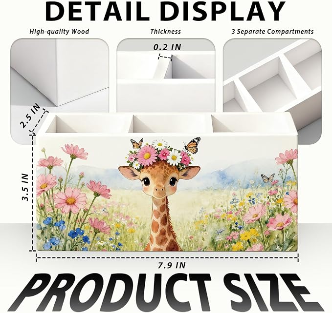 Giraffe Pen Pencil Holder for Desk Accessories, Giraffe Gifts for Women & Kids, Rustic Butterfly Flower Wild Animal Wooden Box Sign Decorations for Kids Room Home Office Desk Tabletop