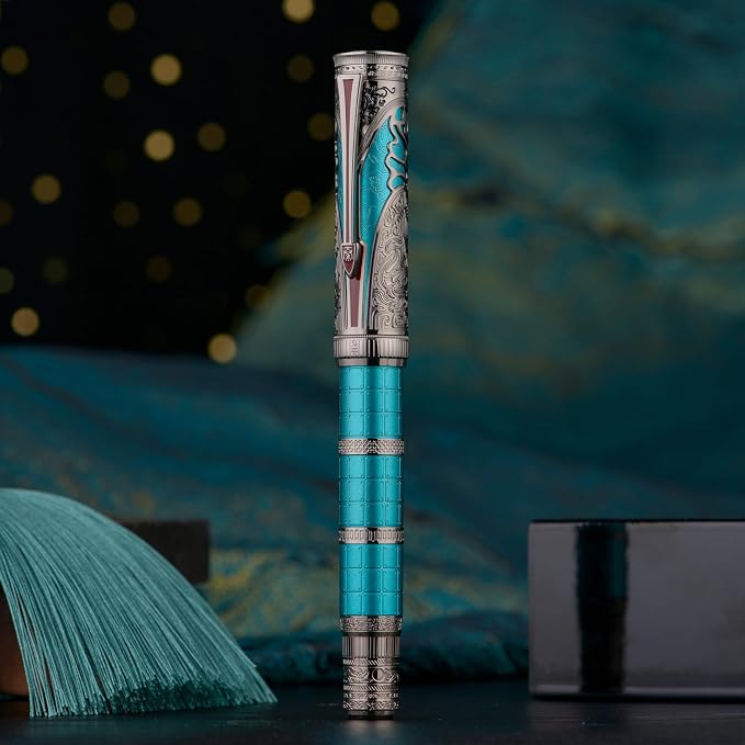 Hongdian D5X Fountain Pen Turquoise Color Fine Nib, Qin Dynasty Retro Chinese Totem Engraving Smooth Writing Pen with Converter and Pen Box Set