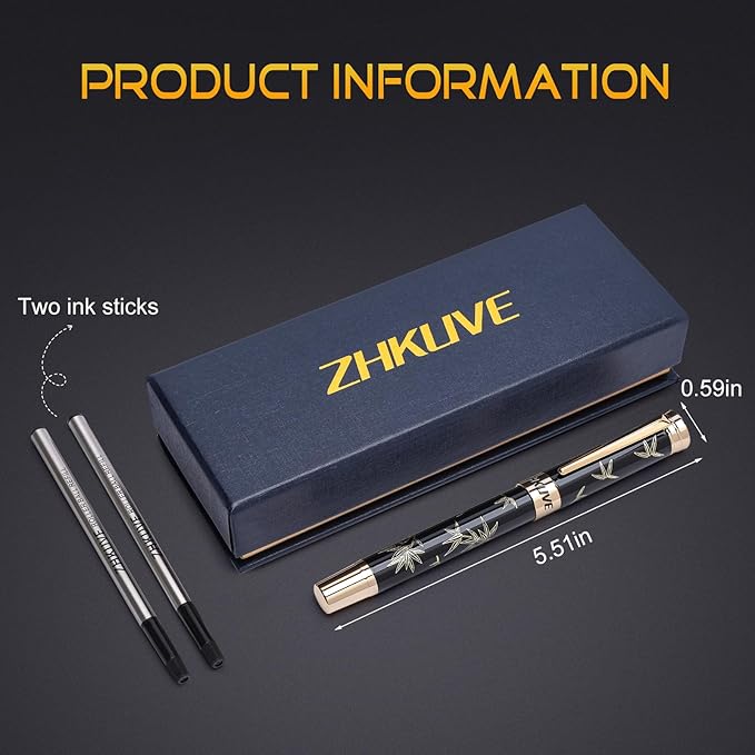 ZHKUVE Luxury Rollerball Pen,Stunning Black Lacquer with bamboo leaf patterns,Switzerland Tip with Black Ink Refills, Elegant Gift Set For Men & Women, Executive Writing, Nice Fancy