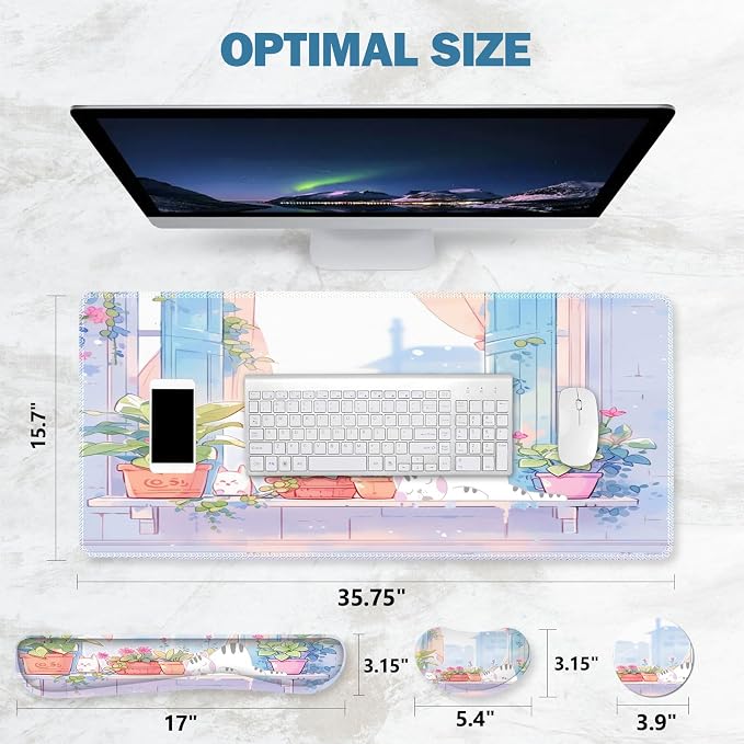 ToLuLu Extended Gaming Mouse Pad, Memory Foam Ergonomic Keyboard Mouse Wrist Rest Support Set, Large Desk Mat with Stitched Edges, Non-Slip Base Mousepad for Home Office and Game, Purple Cute Cat