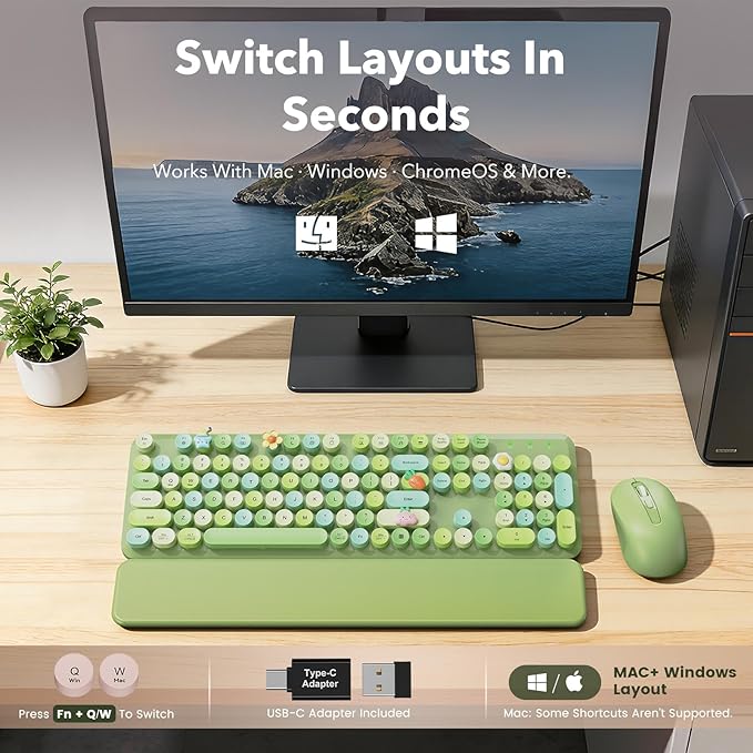 Wireless Keyboard and Mouse Combo, Cute Retro Typewriter Keyboard with Round Keycaps, Full-Size Aesthetic Keyboard with Magnetic Wrist Rest, 2.4G USB for Windows/Mac Desktop Laptop (Green Multi-Color)