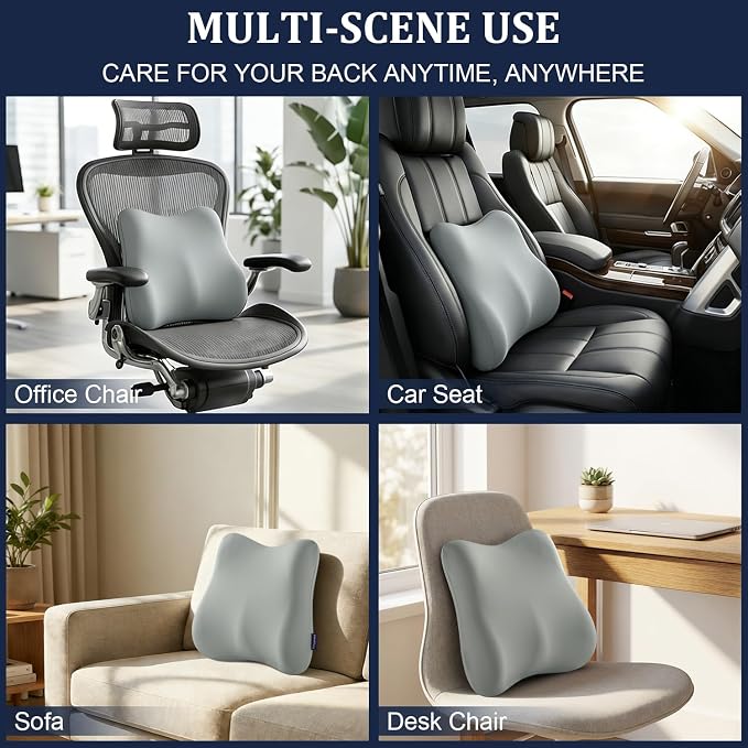 Lumbar Support Pillow for Office Chair Car Lumbar Pillow Lower Back Pain Relief Ergonomic Design Gray Memory Foam Chair Back Cushion Ideal for Home, Office, Gaming
