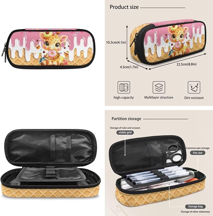 ZFRXIGN Ice Cream Giraffe Kids Backpack for Girls Bookbag with Pendant 17inch Elementary School Bag and Insulated Lunch Box Pencil Case Back to School Supplies
