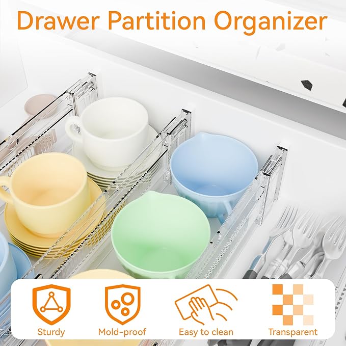 Yieach 8 Pack 3.2 Inch Shallow Acrylic Drawer Dividers for Clothes -Expandable from 15-21''- Adjustable Drawer Dividers for Baby Clothing,Sock,Underwear,Clear in Drawer Separators for Dresser,Kitchen
