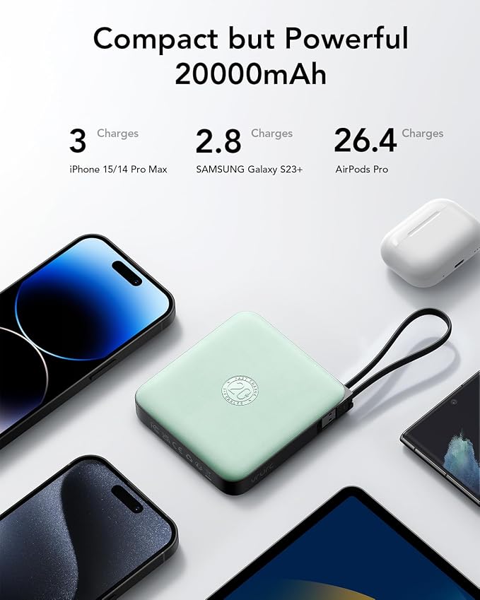 VRURC Portable Power Bank Built-in Cables, 20000mAh 22.5W Fast Charging USB C Battery Pack, Travel Essentials, Phone Charger Battery for iPhone 17/16/15 Series, Samsung Galaxy Series, Green(1 Pack)