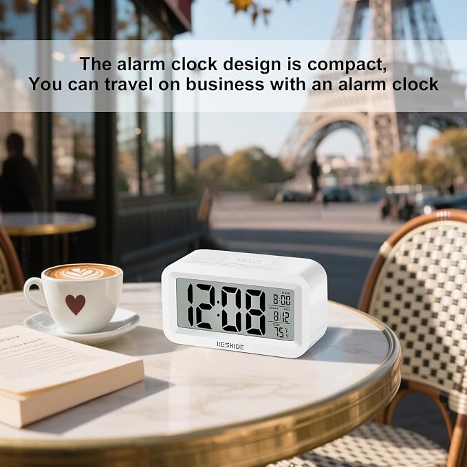 Travel Digital Alarm Clock Battery Operated with Indoor Temperature, Desk Small Clock,Snooze Model,12/24H Display for Bedrooms Heavy Sleepers Kids Travel Bathroom