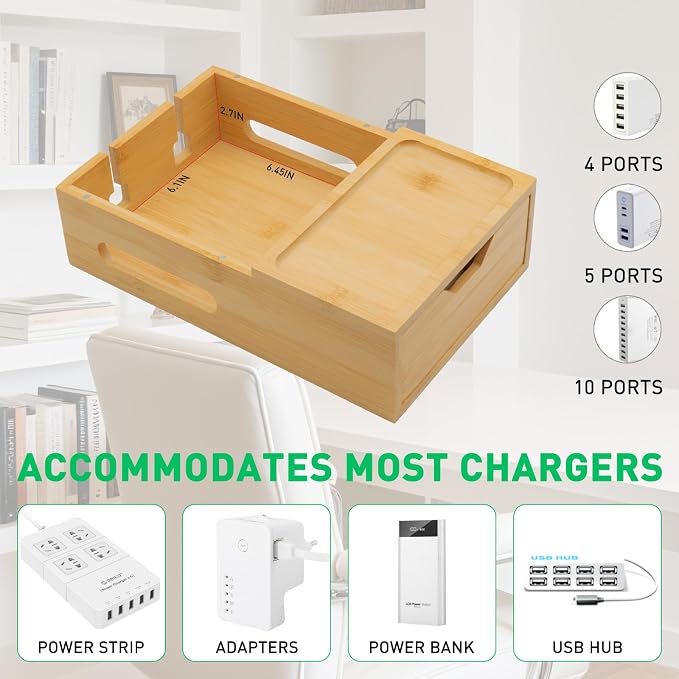 Bamboo Charging Station Organizer with Drawer & Tray, 5-Port USB Charger & 6 Cables, Magnetic Multi-Device Dock for Phones, Tablets, Smartwatches, Kindle, Home & Office